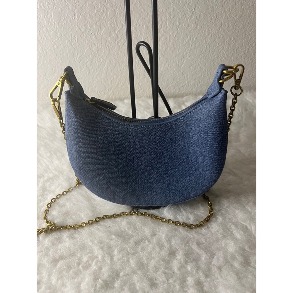 Madison West Crescent Blue Jeans Fabric Purse Crossbody Bag w/detachable strap